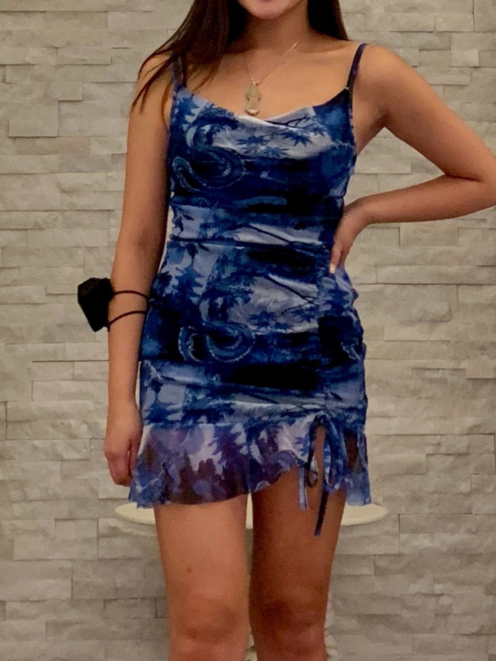 Blue Tie-Dye Satin Cowl Neck Mini Dress